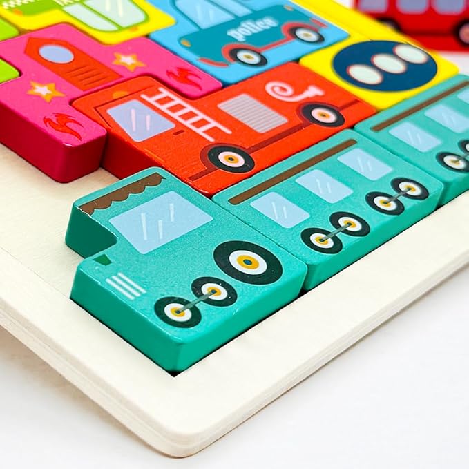 Wooden Blocks Puzzle Russian Blocks for Kids Age 3 4 5 Years Old, Children's Puzzle Game Board Learning Education Montessori Toddler Puzzle Wooden Toys for Kids Birthday Party Gift (Vehicle)