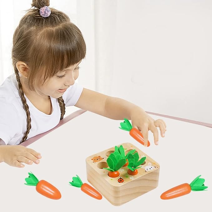 Skrtuan Montessori Toys for Babies 6-12 Months, Wooden Toys for 1 2 3 Year Old Toddlers, Educational Carrot Harvest Shape Sorting Matching Puzzle, Developmental Birthday Gifts for Boys and Girls