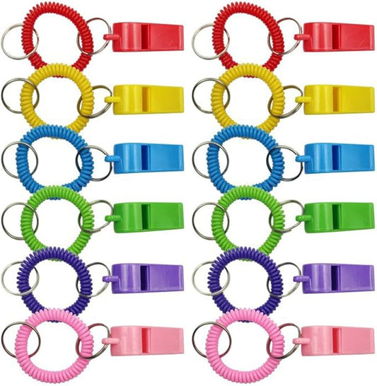 Whistle Bracelets with Keychain, Set of 24, Plastic Whistle Bracelets, Assorted Colors, for Sports Party Favors, School Sports Supplies, Great Party favor, Goody Bag Fillers