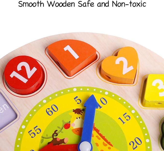 Skrtuan Wooden Shape Color Sorting Clock- Teaching Time Number Blocks Clock Shape Patterns Sorting and Animal Puzzle Montessori Early Learning Educational Toy Gift for 1 2 3 Year Old Toddler Baby Kids