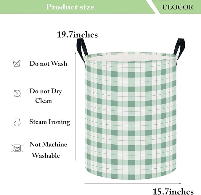CLOCOR Large Laundry Basket,Waterproof Nursery Hamper,Collapsible Fabric Storage Container,Room Decor,Gift Basket(Green Grid