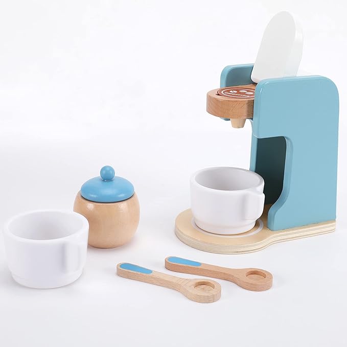 WHOHOLL Kids Coffee Maker Playset, Wooden Kitchen Toy Coffee Maker for Kids, Toddler Pretend Play Kitchen Accessories, Play Coffee Maker Wooden Toys, Espresso Machine Playset Gifts for Girls Boys