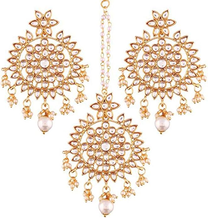 Aheli Ethnic Faux Kundan Drop Pearl Beads Dangle Earrings Maang Tikka Set Bollyood Fashion Jewelry for Women & Girls