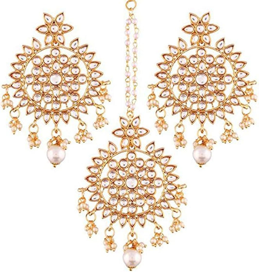 Aheli Ethnic Faux Kundan Drop Pearl Beads Dangle Earrings Maang Tikka Set Bollyood Fashion Jewelry for Women & Girls