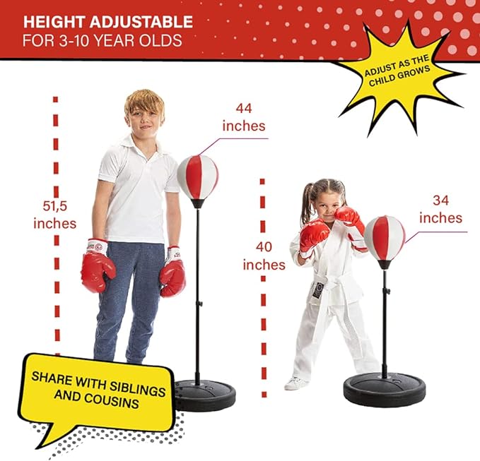Whoobli Punching Bag for Kids Incl Boxing Gloves | 3-10 Years Old Adjustable Kids Punching Bag with Stand | Boxing Bag Set Toy for Boys & Girls (Red White); New 2025