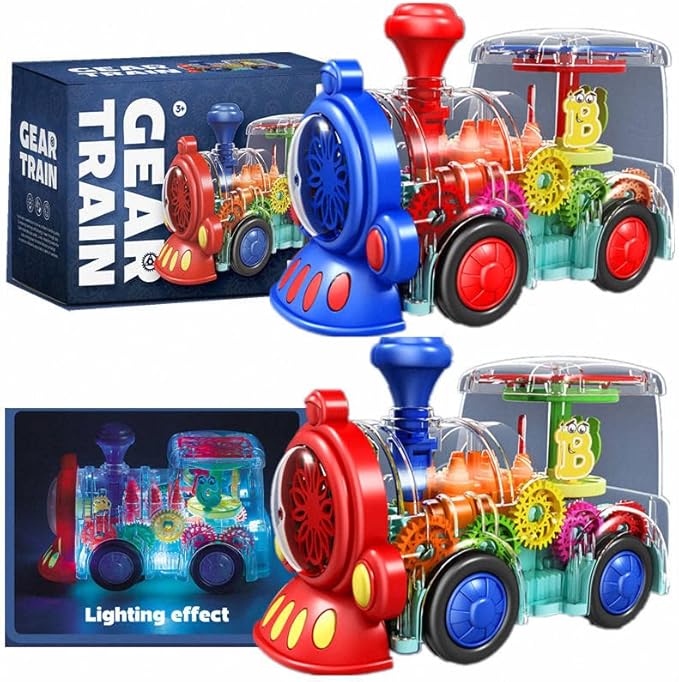 Transparent Train Toy - Fun and Interactive Electric Train Toy for Kids - Music Train with LED Light up - Colorful Moving Gears -Tummy Time Crawling Baby Toys for Boys Girls