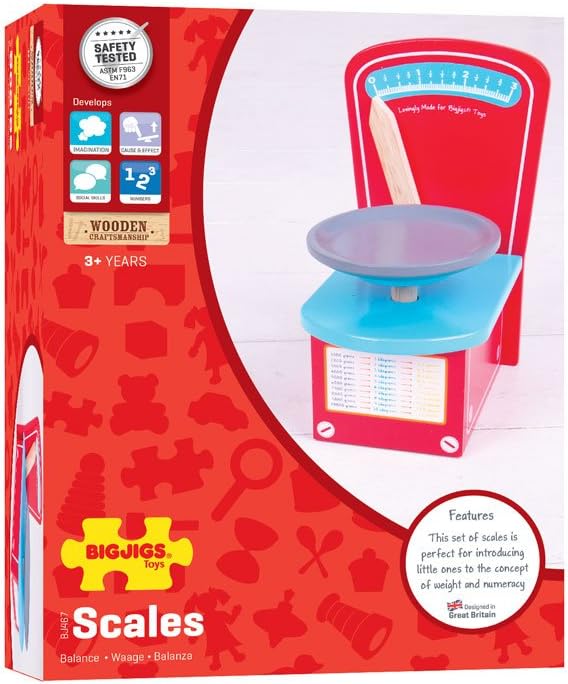 Bigjigs Toys Wooden Scales - Kids Role Play Toy, Kitchen Food Sets & Accessories, Grocery Playset, Boosts Math Skills, Encourages Imaginative Play, Gifts for 3 Year Olds +