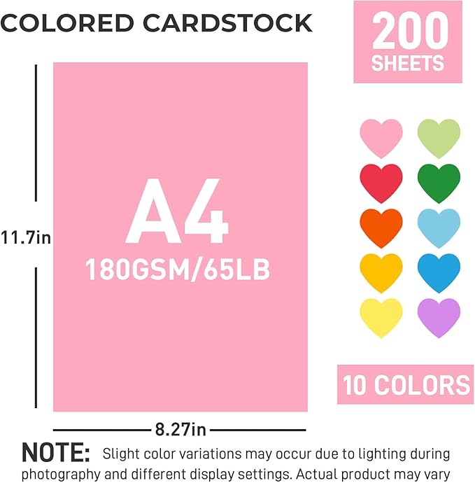 3 otters 200Sheets Construction Paper, Cardstock 8.27" x 11.7", 10 Assorted Colors Card Stock Printer Paper 65lb/180GSM, for Printing, DIY Crafts, Classroom Must Haves, Kids School Supplies, Party Dec