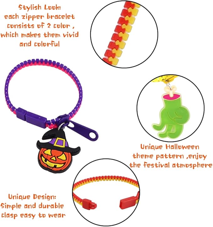 YUJUN 28PCS Halloween Zipper Bracelets for Kids,Halloween party favor Fidget Zipper Wristbands Bulk Trick or Treat Gifts Prizes Giveaways Candy Goodie Bag Stuffers and Kids Halloween Party Supplies