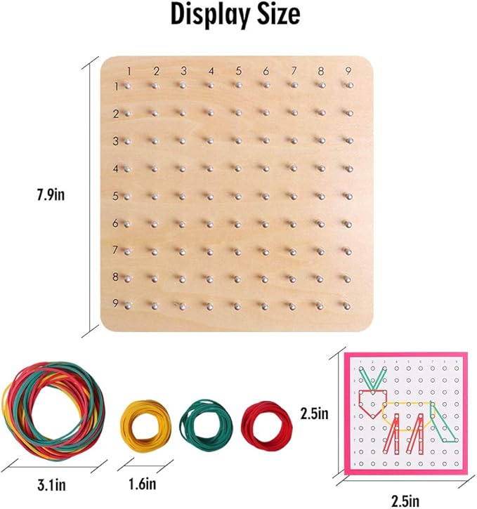 Skrtuan Wooden Geoboard with Rubber Bands, Montessori Educational Toy for Kids, Pattern Block Geo Board with Pattern Cards and Rubber Bands Create to Figures Shape STEM Puzzle Matrix Brain Teaser