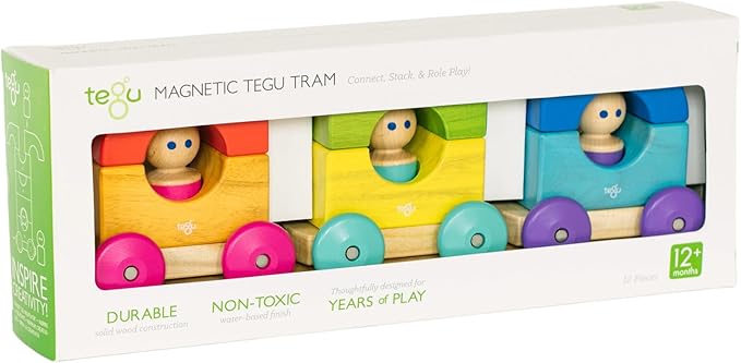 12 Piece Tegu Magnetic Tram Building Block Set, Rainbow