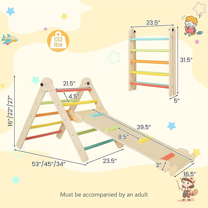 HONEY JOY Climbing Toys for Toddlers, 4 in 1 Foldable Wooden Montessori Kids Triangle Climber, Double Side Ramp & Climber, Baby Learning Indoor Climbing Ladder Gym for Boys Girls (Colorful)
