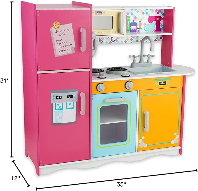 Kitchen Playset for Kids Ages 3-8, Wooden Pretend Play Kitchen, Including Telephone, Ice Maker, Refrigerator, Dimensions: 35” H x 31” W x 12” D (Colorful)