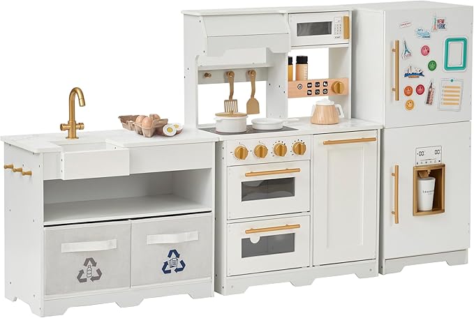 Teamson Kids Little Chef Atlanta Large Modular Wooden Play Kitchen with Interactive, Realistic Features, and 17 Kitchen Accessories, for 3yrs and up, Blue/White/Gold