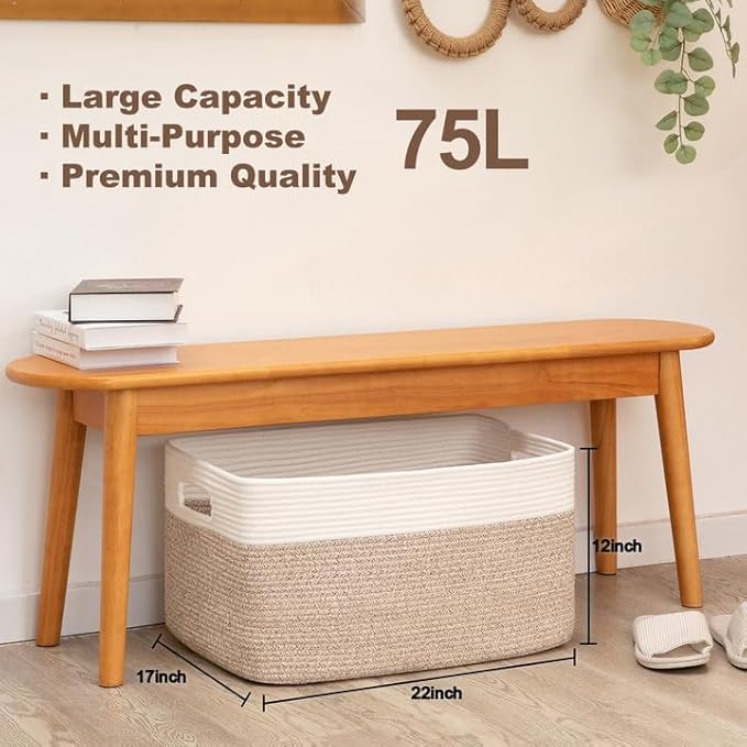 75L Large Cotton Rope Basket, Soft Toy Storage Bin for Nursery & Living Room, Decorative Blanket Basket for Bedroom, Baby-Safe Organizer for Pillows &Laundry, 22''×17''×12'', Brown and White