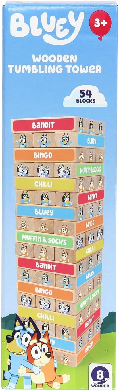 Bluey Tumbling Tower – 54 Colorful Wooden Blocks – Fun Family Game – FSC Certified for Children 3 Years and Up
