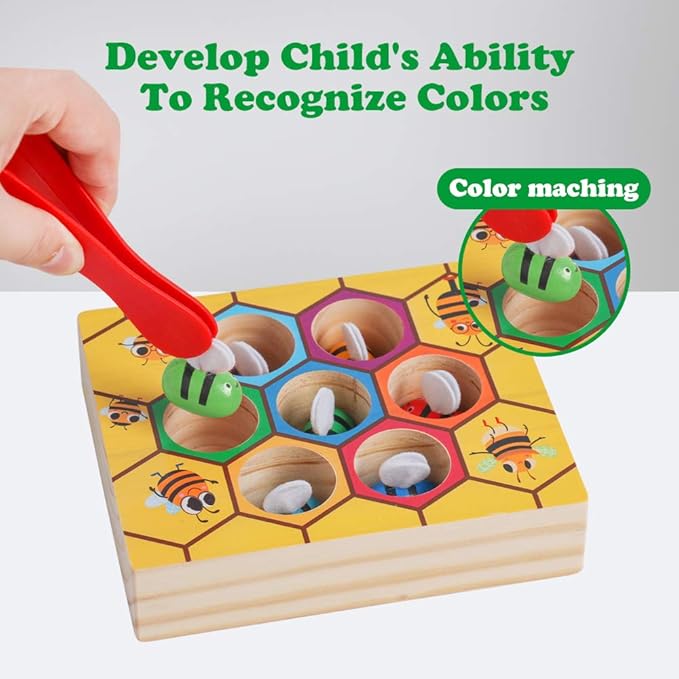 Toddler Fine Motor Skill Toy, Clamp Bee to Hive Matching Game, Montessori Wooden Bee Hive Toys, Wood Color Sorting Puzzle Early Learning Preschool Educational Gift for 2 3 4 Years Old Kids