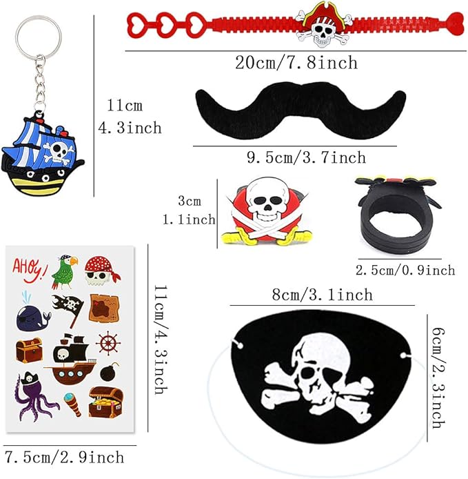 HLenyoy 88 PCs Pirate Party Supplies Favors Pirate Keychain Rings Bracelets Pirate Eye Patch Mustache Tattoos Stickers Pirate Party Favors Decoration
