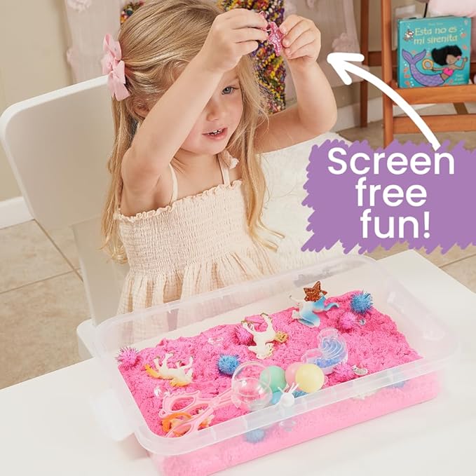 38 PCS Unicorn Sensory Sand Bin-Magic Sand, Sensory Bin for Toddlers & Sand Scooper-Count Sparkly Pom-Poms, Bring Unicorns to Life in a Magical Fairytale-Ideal Gift for Kids