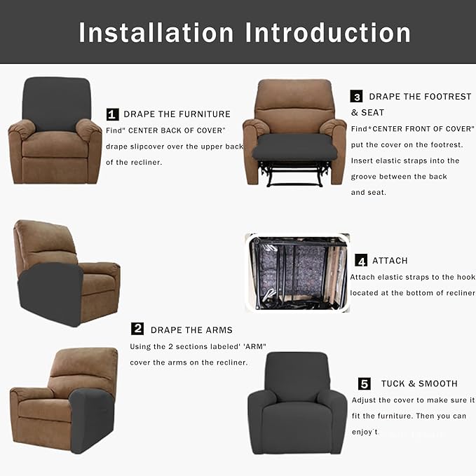 NILUOH Recliner Slipcover 4 Pieces Stretch Printed Lazy Boy Chair Covers with Side Pocket Recliner Sofa Couch Cover Anti-Slip Fitted Recliner Cover Furniture Protector with Elastic Bottom,19