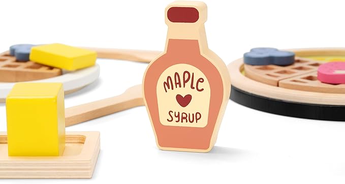 PairPear Wooden Waffle Maker Toy Food Playset, Kids Pretend Play Food Kitchen Accessories, Wooden Cooking Toy Baking Playset, Toddler Play Breakfast Brunch Tea Sets Cutting Food Gift for Girls Boys 3+