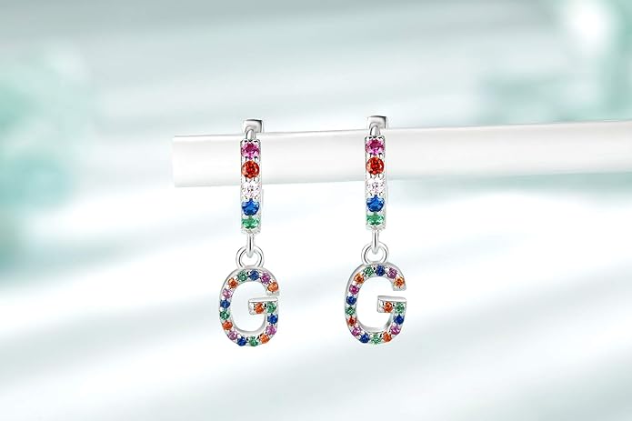 Presentski Initial Earrings 925 Sterling Silver Colorful Huggie Small Hoop Earrings Rainbow CZ Drop Dangle Simple Alphabet Earrings S925 Hypoallergenic Earring Letter A-Z for Daughter Women