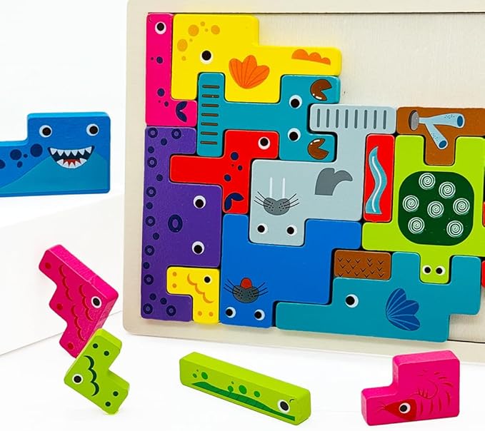 Wooden Blocks Puzzle Russian Blocks for Kids Age 3 4 5 Years Old, Children's Puzzle Game Board Learning Education Montessori Toddler Puzzle Wooden Toys for Kids Birthday Party Gift (Ocean)