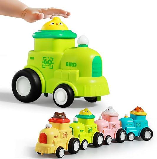 4 in 1 Toddler Train & Car Toys Set - Press & Go Animal Racing Cars for 1-3 Year Old Boys, Baby Vehicle Toys for 6-18 Months, First Birthday Gift for Toddler Boys