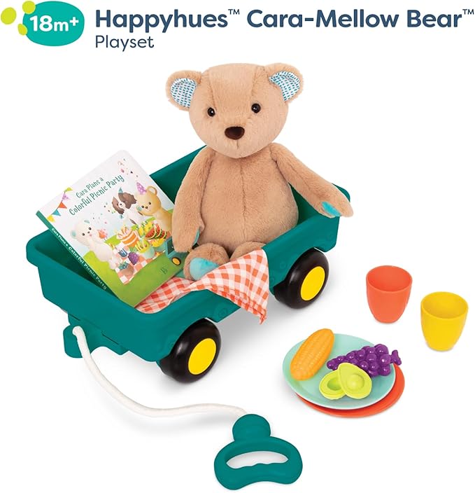 B. Toys- Happyhues - Cara-Mellow Bear Playset- Plush Bear with Picnic Play Set-Board Book – Wagon & Play Food – 18 Months +