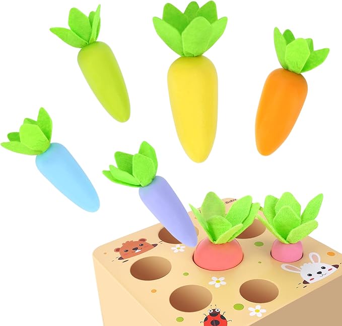 KMTJT Montessori Toys for 1 2 3 Year Old Toddlers, Macron Carrot Harvest Game Wooden Toys for Baby Boys and Girls, Educational Learning Shape Sorting Matching Gifts for Babies 1-3