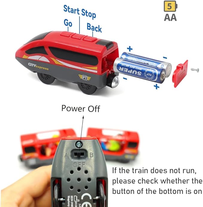 Battery Operated Trains for Wooden Train Track Set Locomotive with Light for Toddlers 3 4 5 Year Old Boys Red High Speed Magnetic Couplings with Passengers(Without Battery)