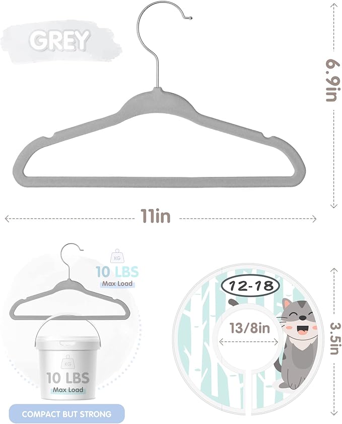 Baby Hangers, VIS'V 11 Inch Gray Velvet Kids Hangers with 6 Pcs Size Dividers Non Slip Nursery Children Closet Clothes Hangers for Infant Toddler Girls and Boys 50 Pcs
