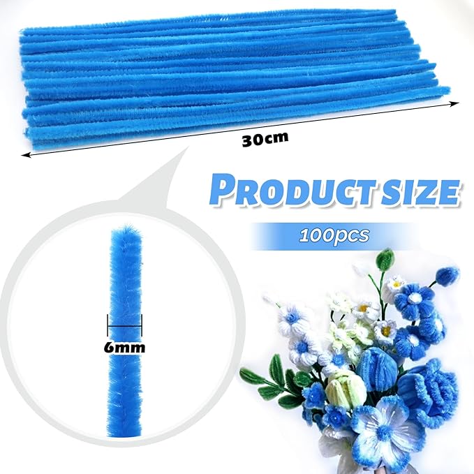 TOAOB 100pcs Pipe Cleaners Lake Blue Chenille Stems Craft Supplies 6mm x 12 Inch Fuzzy Sticks with 100pcs Googly Eyes for Art DIY Crafts Decorations