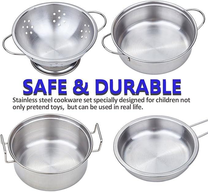 Yellora Play Pots and Pans Sets for Kids, Stainless Steel Cookware Toys Gift Set for Christmas, Pretend Play Kitchen Accessories, Role Play Educational Toys for Kids Toddlers Boys Girls