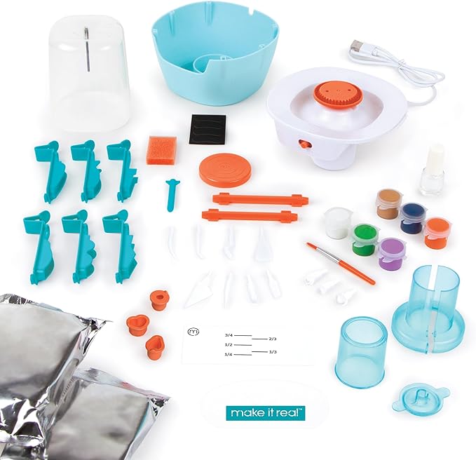 Make It Real Mini Pottery Studio Deluxe Set - DIY All-in-1 Sculpting Craft Kit for Kids & Tweens - Create 20 Unique Miniature Clay Projects - No Mess, No Bake, Quiet Wheel - All Skill Levels Ages 8