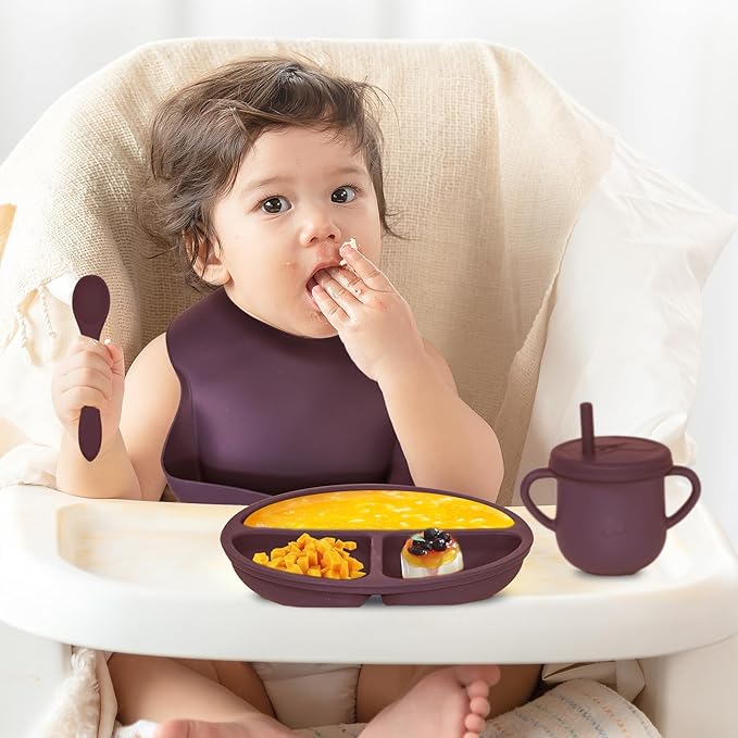 100% Silicone Baby Feeding Set,BPA Free Baby Dishes Set with Suction Bowl Divided Plate,Toddler Self Feeding Dish Set with Spoons Forks Sippy Cup and Bib, Baby Eating Utensils(Dark Red)