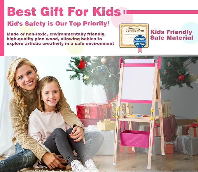 2-in-1 Double Sided Kid's Easel, Height-Adjustable Art Easel for Boys and Girls Ages 3-10, Including 100+ Accessories with Magnetic Chalkboard & Painting Board, Toddler Gifts