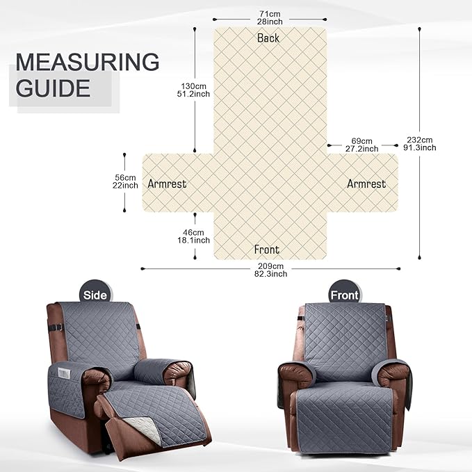 KinCam 100% Waterproof Recliner Chair Cover, Reclining Couch Covers for Pets, Dogs, Recliner Couch Slipcover Furniture Protector with Elastic Straps for Kids(28", Dark Gray)