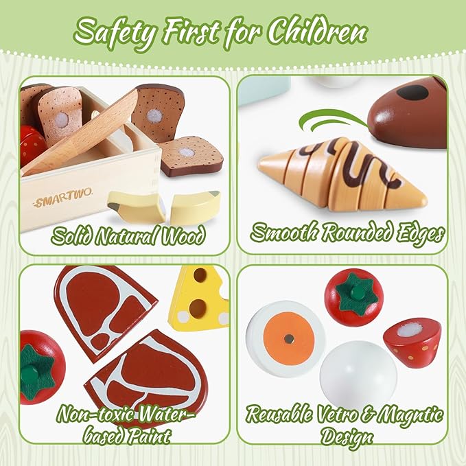 Wooden Bakery Toy Food Breakfast Set for Kids,Pretend Play Food Kitchen Accessories with Crates,Fake PlaySets Montessori Toys,Toddlers Cutting Food Gift for Boys and Girls Ages 2+