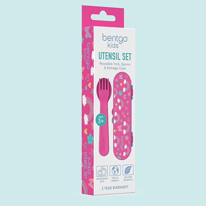 Bentgo Kids Utensil Set - Reusable Plastic Fork, Spoon & Storage Case BPA-Free Materials, Easy-Grip Handles, Dishwasher Safe Ideal for School Lunch, Travel, Outdoors (Rainbows and Butterflies)