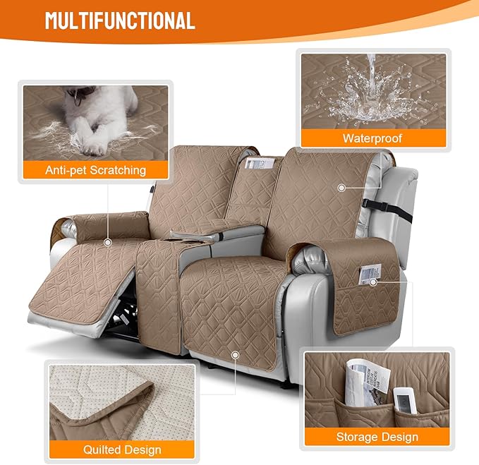VANSOFY Loveseat Recliner Cover with Console 100% Waterproof Sofa Slipcovers Non-Slip Reclining Couch Cover Split Sofa Covers Furniture Protector for Pets, Dogs(Light Brown)