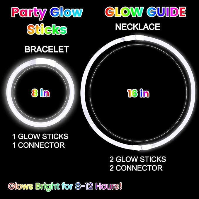 White Glow Sticks Bulk Party Favors 100 Pack 8" Glow in the Dark Party Supplies Neon Party Decorations Glow Bracelets Necklaces for Adults Kids Halloween Christmas Easter Birthday Wedding