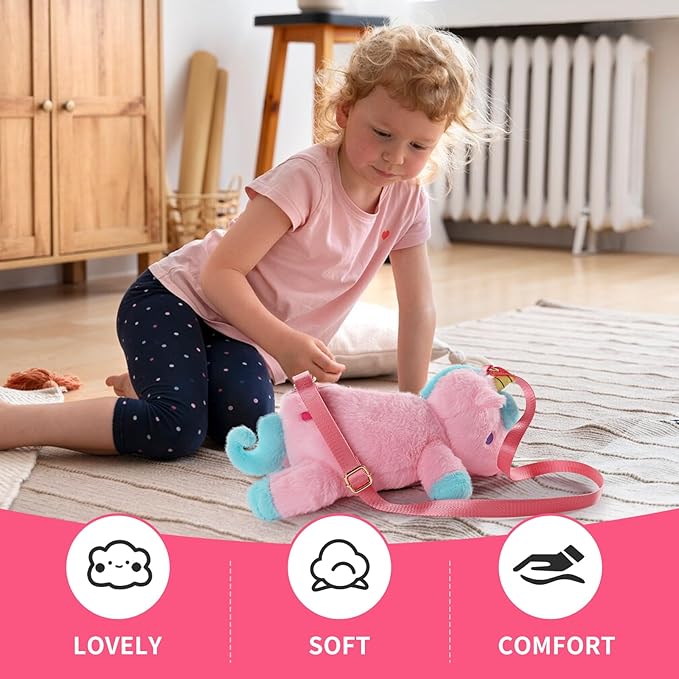 Sew Butiful Unicorn Stuffed Animal Pink Plush Purse, Cute Unicorn Toys for Girls Age 4-6, Crossbody Bag for Kids 3 4 5 6 7 8 9 10 11 12 Years Old Girls Tweens and Teens Birthday