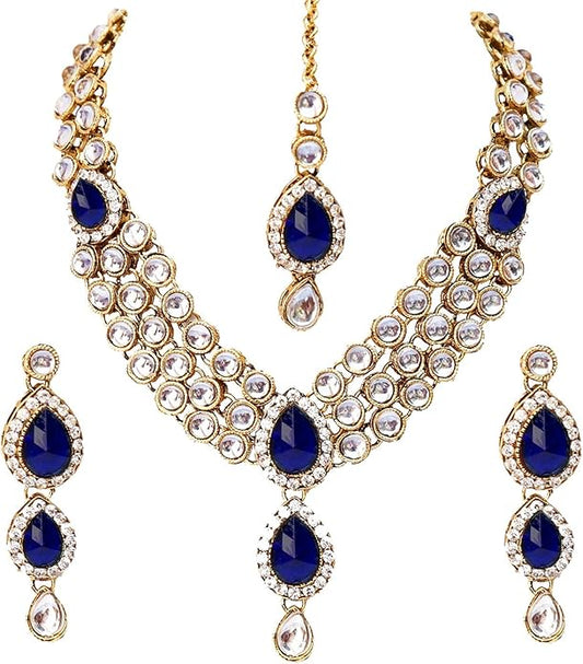 Aheli Indian Traditional Bollywood Kundan Maang Tikka Earrings Necklace Set Ethnic Jewelry Gift for Women Green Blue