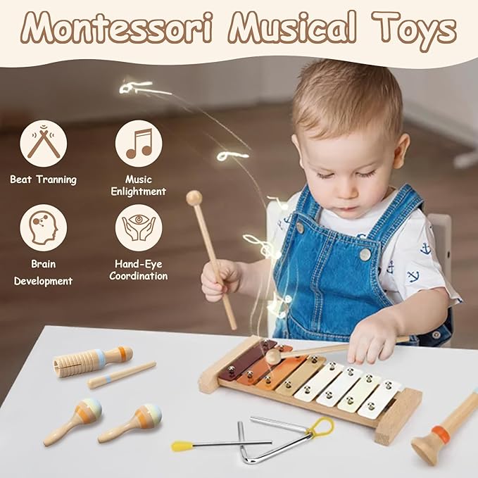 Baby Musical Instruments, Montessori Musical Toys for Toddler Neutral Colors Wooden Toys Percussion Instruments Set with Modern Boho Xylophone Birthday Easter Gifts for Kids Preschool Educational