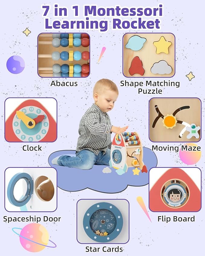 Baby Space Wooden Activity Cube Montessori Toys, 7-in-1 Early Educational Learning Sensory Toys with Bead Maze Shape Puzzle Abacus for 1 2 3 Year Old 12-18 Months Boys Girls First Birthday Gifts