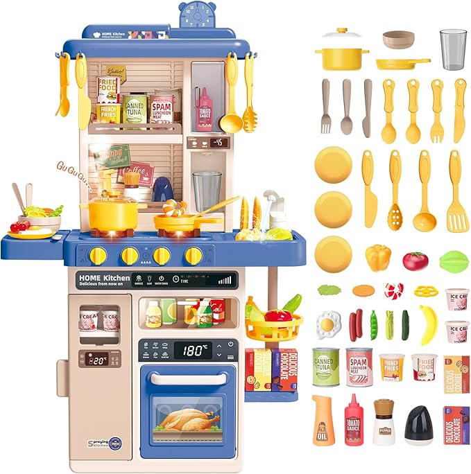 deAO Play Kitchen Set for Kids Boys 50PCS Play Kitchen Accessories with Sounds Light Steam Pretend Play Kitchen Toy Birthady Christams Gifts for Toddler Aged 2-12 Years