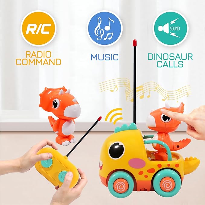 Dinosaur Remote Control Car for Toddler, Cartoon RC Cars with Music & Sound, Kids Toys Age 2 3 4 5, Boys & Girls Christmas Birthday Gift, Dino Car Toys for Boys 3-5 Years Old