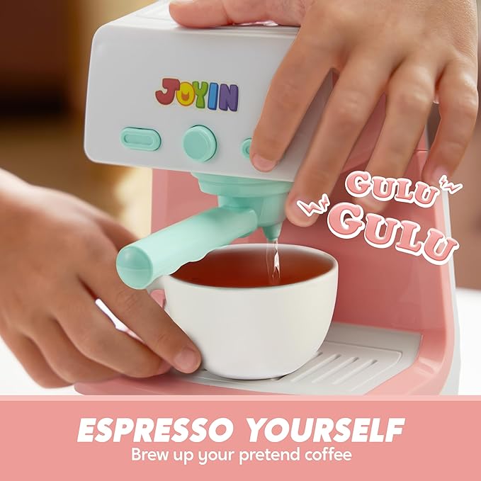 Play Kitchen Toys with Realistic Lights& Sounds, Pretend Play Toy Set for Girls Boy, Color Changing Breakfast Playset, Christmas Birthday Gift for Kids, Pink