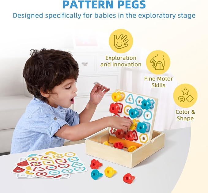 Montessori Educational Toys for 18 + Months, 6 in 1 Learning Toys Set for Toddlers Wooden Toy Present (Pattern Pegs, Pound Bench, Lacing Beads, Magnetic Animal Puzzle, Picture Book)